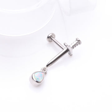 Detail View 1 of Teardrop Fire Opal Dangle Dagger Sword Internally Threaded Steel Flat Back Stud Labret-White Opal